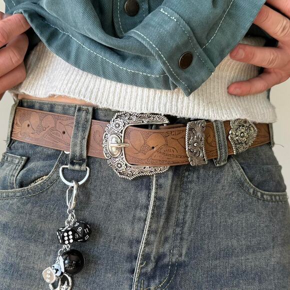 Y2K Brown Leather Belt Silver Buckle Adjustable Fit 26-36" Unisex Vintage New - Picture 5 of 9